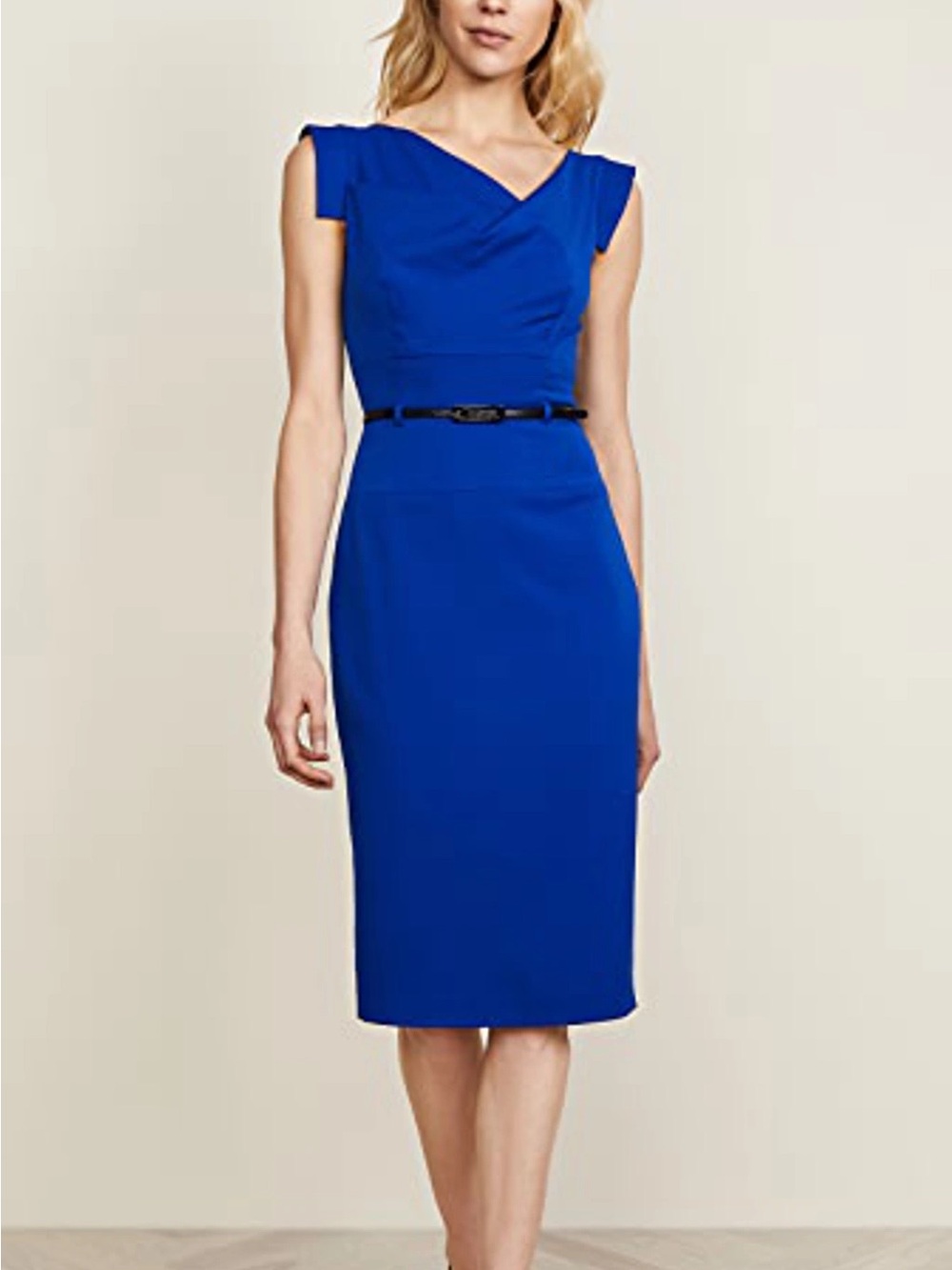Black Halo Cobalt Blue Midi Sheath Dress with Cowl Neck